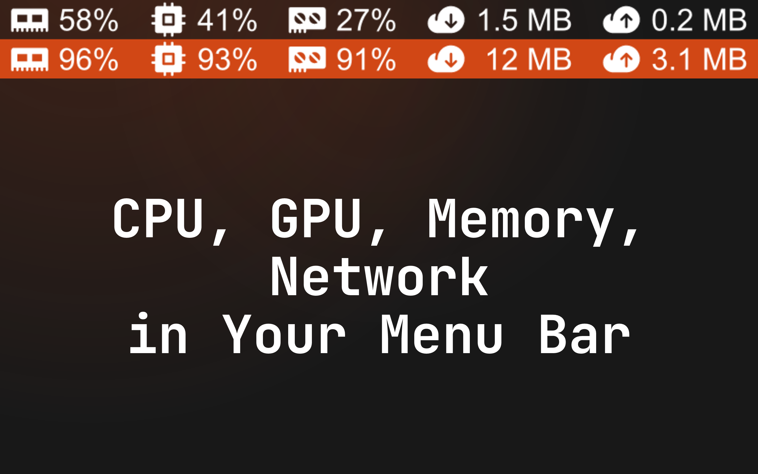 Better Resource Monitor in the menu bar showing CPU, Memory, GPU, and Network